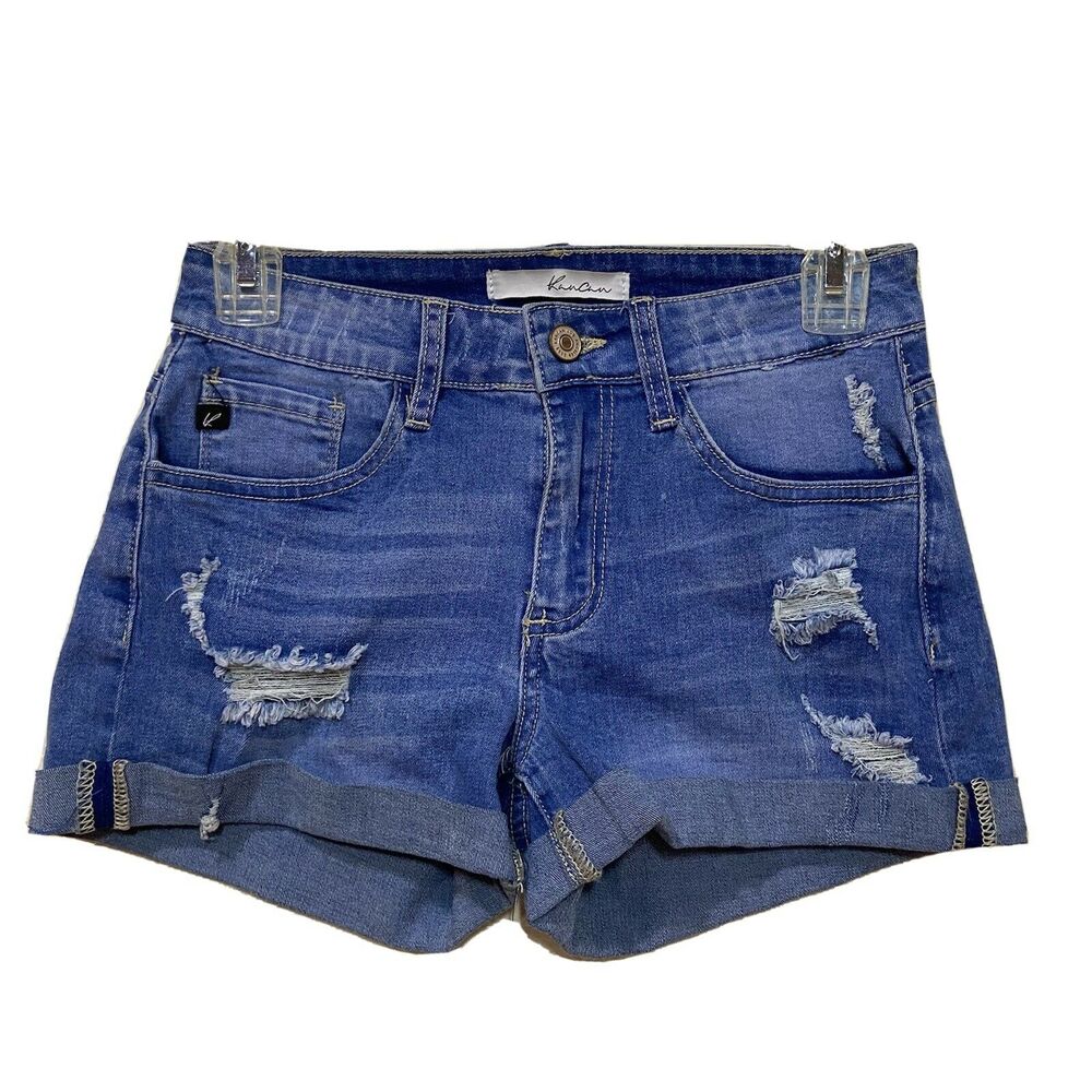 KanCan Distressed Cuffed Denim Shorts Juniors Size 3/25 Blue Medium Wash Stretch - Picture 1 of 5